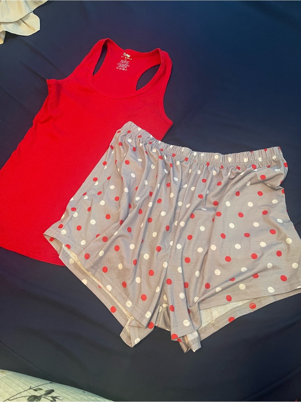Women’s Red Ribbed Tank & Gray Polka Dot Sleep Shorts Set